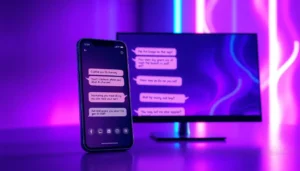 Modern smartphone and desktop screens displaying a flirtatious AI chat interface with neon lighting effects.
