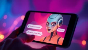 Digital art of a futuristic chat interface with a seductive AI character on a modern device screen, illuminated by soft, warm lighting in vibrant colors.