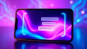 Futuristic digital chat interface with colorful AI conversation on a sleek device screen