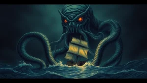 The kraken depicted as a giant sea creature with glowing eyes and massive tentacles attacking a