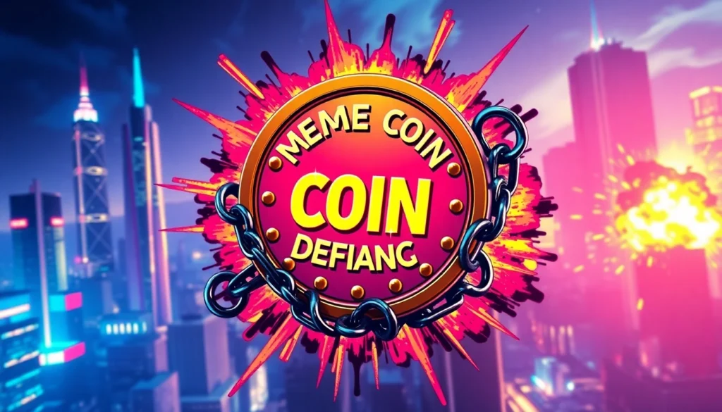 Meme Coin Defiance breaking chains symbolizing rebellious attitude and defiance in the crypto space