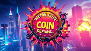 Meme Coin Defiance breaking chains symbolizing rebellious attitude and defiance in the crypto space