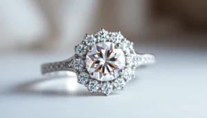 Showcase of a stunning halo engagement ring with a bright central diamond and surrounding halo,