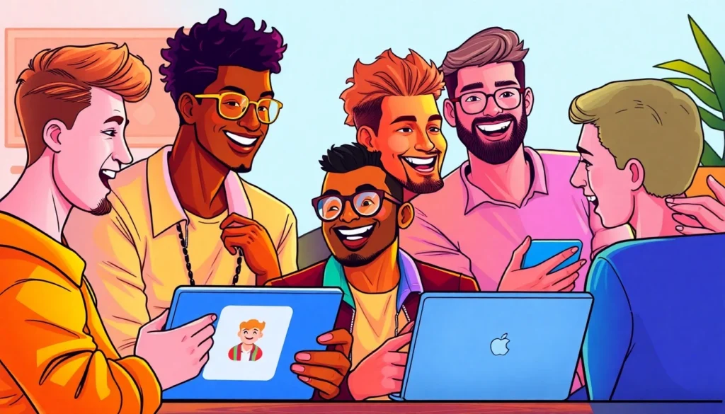 Engaging gay chat session with diverse users connecting comfortably online with their