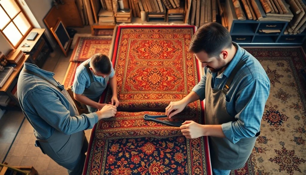 Skilled artisans performing Restauro Tappeti milano in a detailed workshop, highlighting