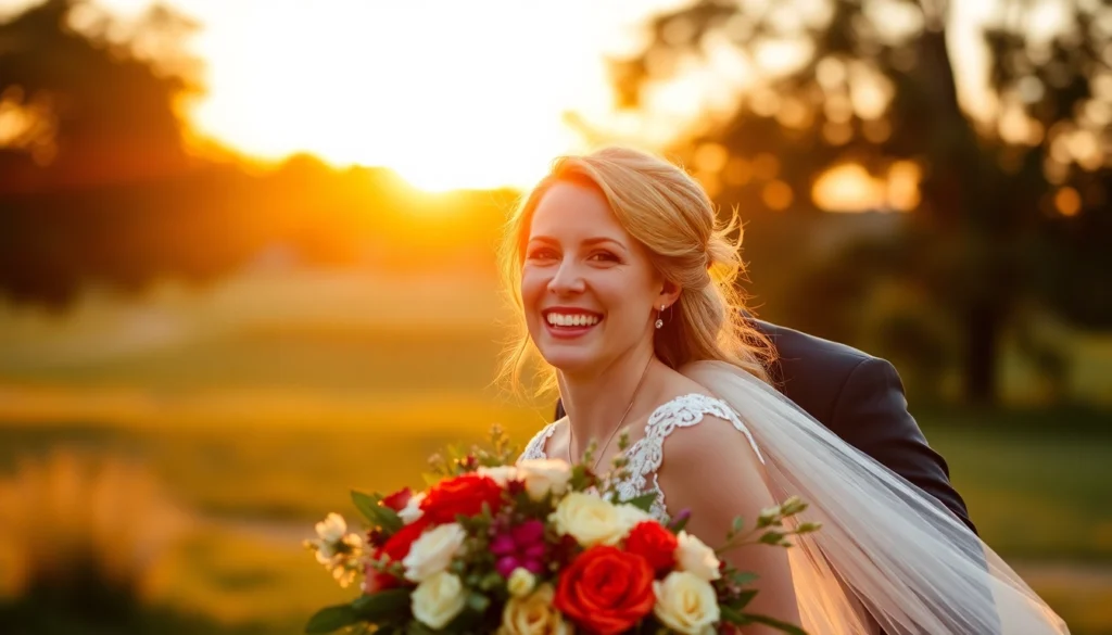Professional eskuvo fotos captures candid wedding moments outdoors with natural light and warm tones