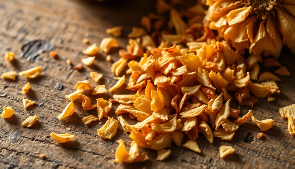 Premium dehydrated garlic flakes showcasing natural texture and golden color for culinary use